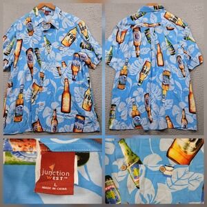 Junction West Beer Print Hawaiian Shirt Mens Large Blue Novelty Tropical Allover